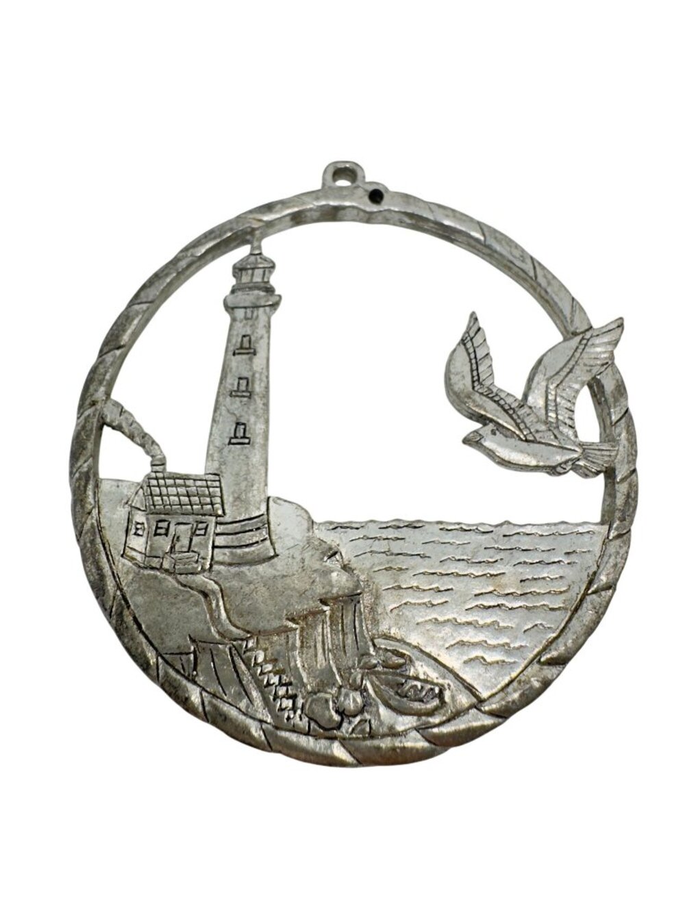 Whispering Winds Lighthouse Pewter Ornament Seagull Ocean Scene Coastal D 3"